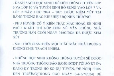 DANH SÁCH HỌC SINH DỰ KIẾN TRÚNG TUYỂN LỚP 6 VÀ LỚP 10 VÀ TUYỂN SINH BỔ SUNG NĂM HỌC 2024 – 2025